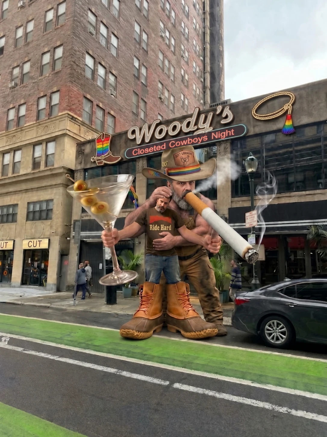 Larger-than-life figure with a giant martini and cigarette outside Woody's
