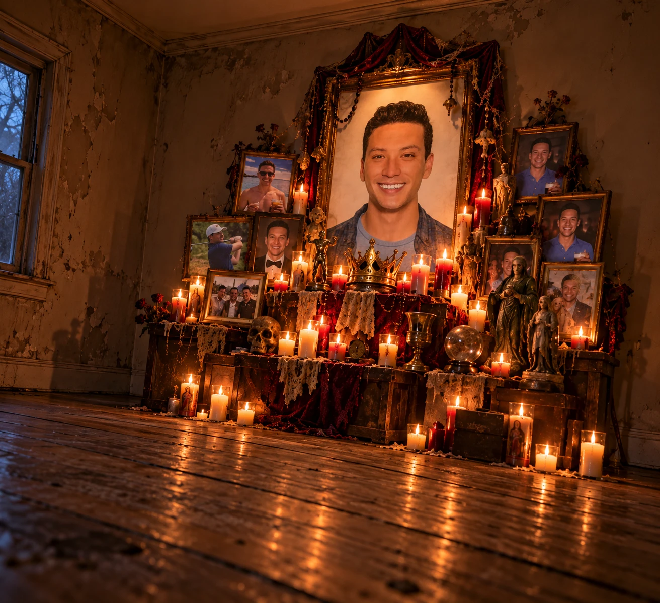 Candlelit shrine of framed photos